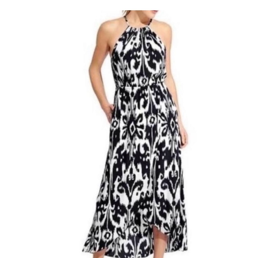 Athleta Ikat Bloom Black White Halter Maxi Dress size medium